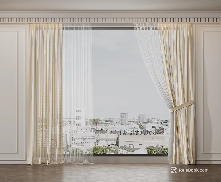 Elegant Beige Curtains With Sheer Panels For Window City View Interior 3d model 