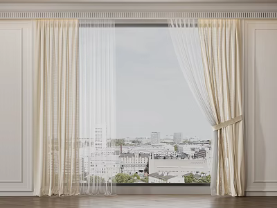 Elegant Beige Curtains With Sheer Panels For Window City View Interior 3d model