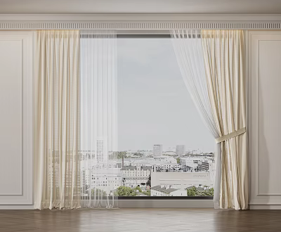 Elegant Beige Curtains With Sheer Panels For Window City View Interior 3d model