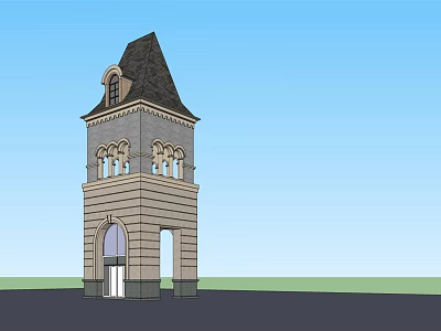 Classical Stone Tower with Black Pitched Roof Arched Entrance and Windows under Blue Sky 3d model
