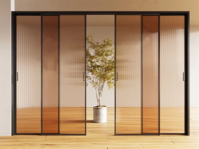 Modern Black Frame Glass Sliding Doors For Bright Interior With Wooden Floor And Plant 3d model