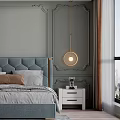 Modern Bedroom Interior With Gray Walls Upholstered Headboard Round Decorative Painting Nightstands Pendant Light