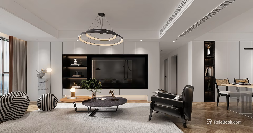 Modern Living Dining Room Interior With Round Pendant Light White Walls And Wooden Floor 3d model 