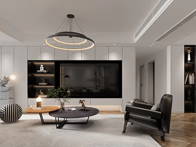 Modern Living Dining Room Interior With Round Pendant Light White Walls And Wooden Floor 3d model