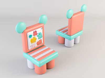 Kids Cartoon Chair With Pink Light Blue Round Back Decorations Striped Seat And Colorful Panel 3d model