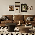 Modern Living Room Interior With Brown Sofa Framed Wall Pictures Patterned Rug And Indoor Plant