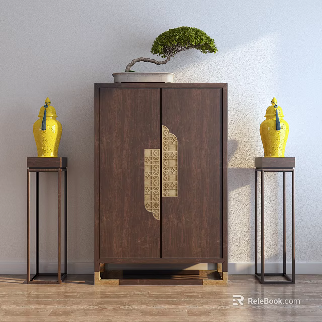 Dark Brown Wooden Decorative Cabinet With Golden Patterns Bonsai And Yellow Vases On Side Stands 3d model 