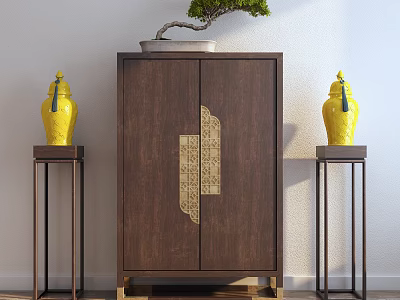 Dark Brown Wooden Decorative Cabinet With Golden Patterns Bonsai And Yellow Vases On Side Stands 3d model