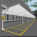 Modern Parking Lot With White Canopy Yellow Parking Lines Gray Building Walls And Trees