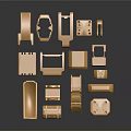 Golden Shiny Metal Parts With Various Shapes Displayed On Dark Background