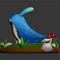 Blue Rabbit Like Creature On Green Grassy Base With Mushrooms Stones And Grass Blades