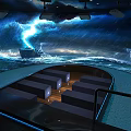 Dramatic Lightning And Stormy Waves With Illuminated Pathway Surrounding Seats And Distant Ship