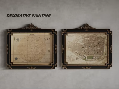 Decorative Paintings With Ornate Black Frames And Vintage Map Designs Hanging On Gray Wall 3d model