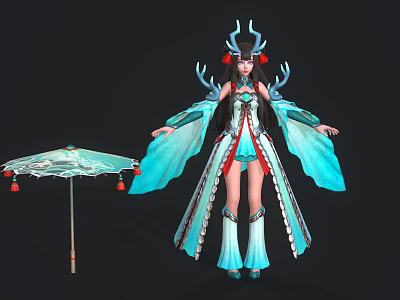 Game Movie Character Female Antler Headdress Blue White Red Outfit Flowy Sleeves Red Tassel Umbrella 3d model