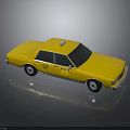 Yellow Vintage Taxi Sedan With Roof Sign And Shiny Reflective Surface