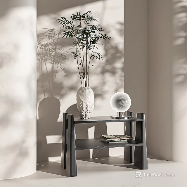 Modern Minimalist Shelving Unit With Bamboo Plant Ceramic Vase Books And Soft Light Shadows 3d model 