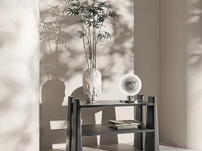 Modern Minimalist Shelving Unit With Bamboo Plant Ceramic Vase Books And Soft Light Shadows 3d model