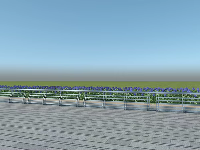 Outdoor Metal Fence With Wooden Floor Grass And Purple Flowers Under Blue Sky 3d model