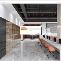Public Office Space With Modern Design Long Work Desks Orange Chairs Computers And Display Cabinets 3d model