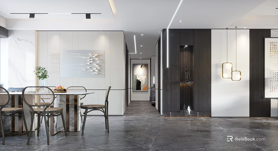 Modern Restaurant Interior With Dining Table Chairs And Decorative Wall Art 3d model