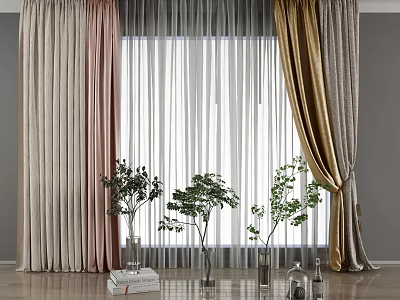 Various Colored Curtains With Sheer Panels And Green Plants By Window 3d model