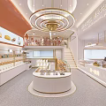 Elegant Dessert Shop Interior With Circular Pastry Display Counter Golden Chandeliers And White Shelves