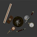 Assorted Daily Objects With Keys Red Pen Ruler Metal Ball Scissors Pencils And Pocket Watch