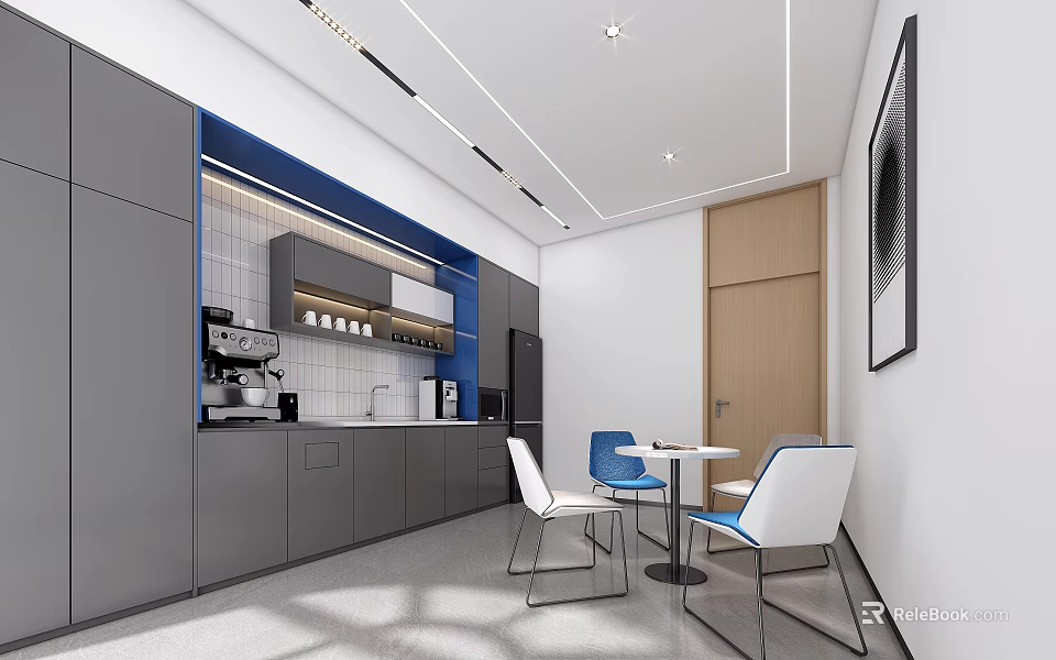 Modern Pantry With Gray Cabinets Blue Accent Wall Coffee Machine Dining Table And White Chairs 3d model 