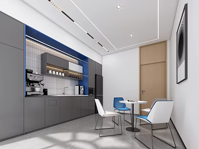 Modern Pantry With Gray Cabinets Blue Accent Wall Coffee Machine Dining Table And White Chairs 3d model