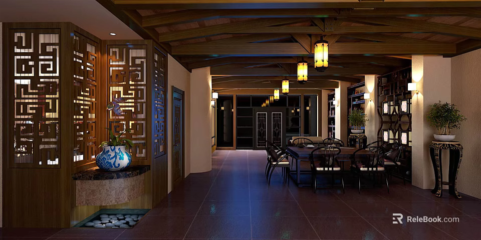 Traditional Chinese Specialty Store Interior With Wooden Structure Hanging Lanterns And Tables 3d model 