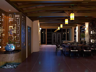 Traditional Chinese Specialty Store Interior With Wooden Structure Hanging Lanterns And Tables 3d model