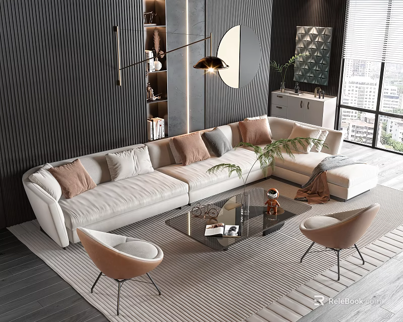 Modern Beige Sofa And Coffee Table Set With Glass Top And Accent Chairs 3d model 