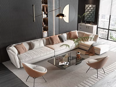 Modern Beige Sofa And Coffee Table Set With Glass Top And Accent Chairs 3d model