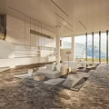 Modern Hotel Lobby Interior Design With Staircase Circular Pendant Lights And Large Windows