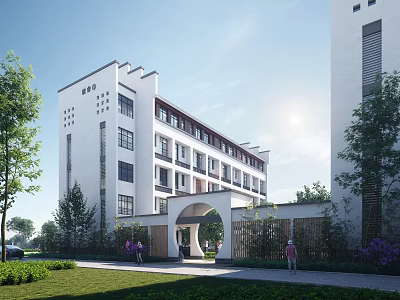 Modern School Building With White Exterior Red Roof Arched Entrance Green Lawns And Trees 3d model