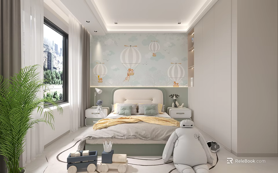 Cozy Modern Kids Bedroom With Hot Air Balloon Murals And Toys 3d model 