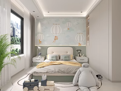 Cozy Modern Kids Bedroom With Hot Air Balloon Murals And Toys 3d model