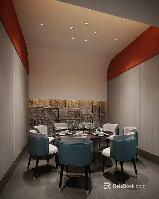Private Dining Room Interior With Round Table Teal White Chairs Stone Wall And Red Ceiling 3d model