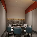 Private Dining Room Interior With Round Table Teal White Chairs Stone Wall And Red Ceiling 3d model
