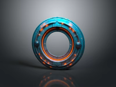 Futuristic Sci Fi Landscape With Blue Circular Device And Orange Glowing Rings 3d model