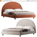 Upholstered Double Bed with Arched Headboard Light Gray and Orange Linen Sheets White Pillows 3d model