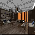 Chinese Style Private Room Interior With Wooden Furniture Hanging Lanterns Sofa Coffee Table And Bookshelves