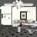 Modern Living Room Interior With White Chandelier Neutral Sofa Black Cross Rug And Framed Painting