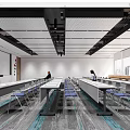 Modern Meeting Room Interior With Long Tables Blue Chairs And Large Windows