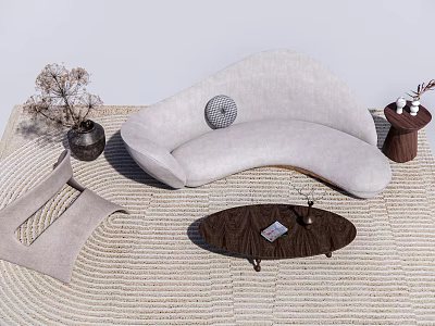 Modern Light Gray Curved Sofa and Wooden Oval Coffee Table with Woven Rug Decorative Vase 3d model