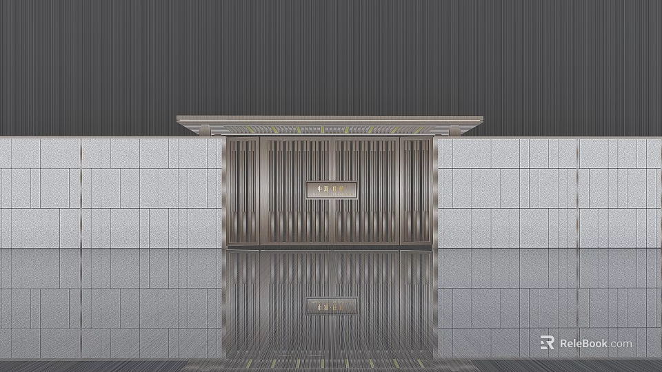 Modern Entrance Gate With Vertical Lines Metal Frame Gray Stone Wall And Reflective Floor 3d model 