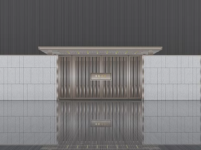 Modern Entrance Gate With Vertical Lines Metal Frame Gray Stone Wall And Reflective Floor 3d model