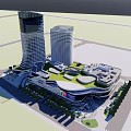Modern Urban Architecture With Two High Rise Buildings And Green Roof Commercial Complex