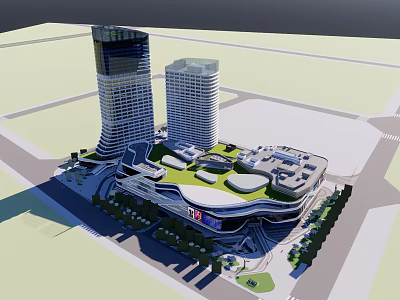 Modern Urban Architecture With Two High Rise Buildings And Green Roof Commercial Complex 3d model