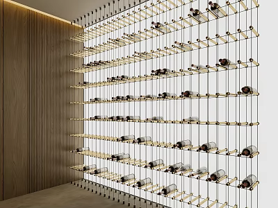 Modern Wine Rack With Multiple Layers And Neatly Arranged Glass Wine Bottles On Wooden Wall 3d model